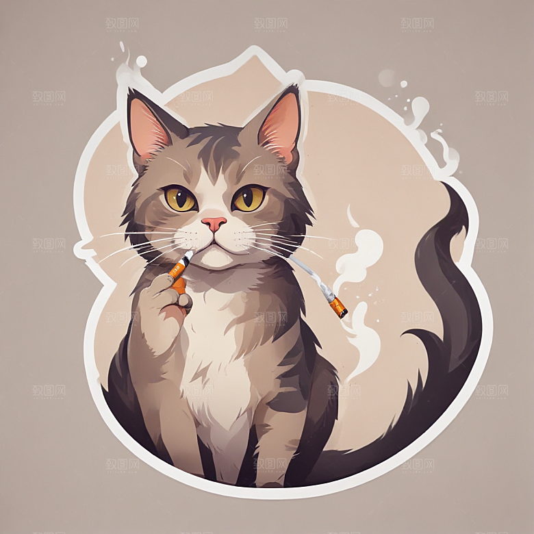 萌猫叼烟酷炫个性插画图片