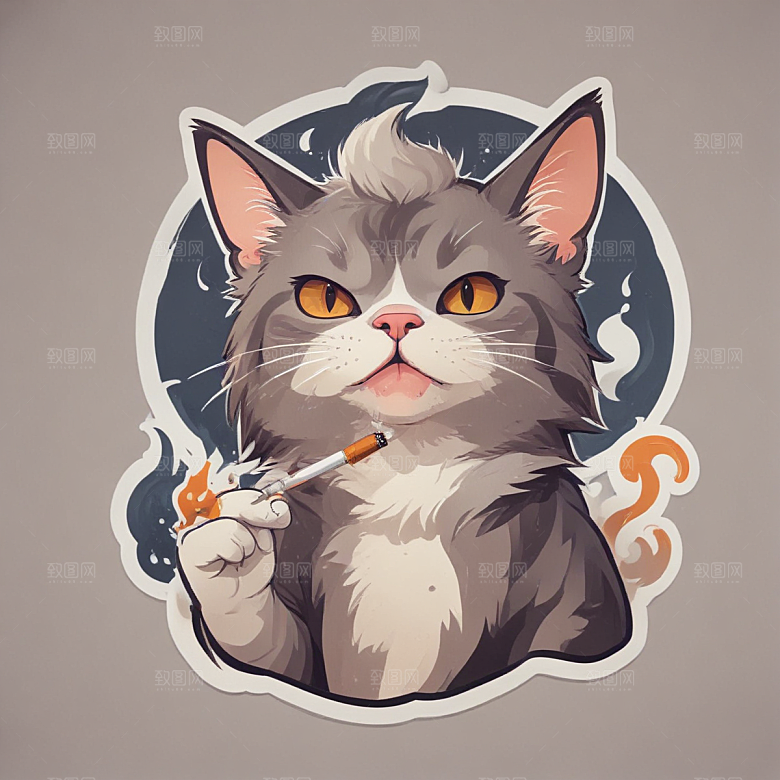 萌猫叼烟酷炫个性插画图片