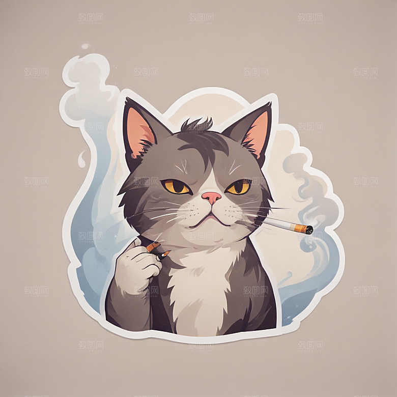 萌猫叼烟酷炫个性插画图片