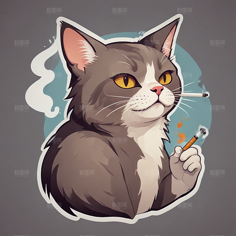 萌猫叼烟酷炫个性插画图片