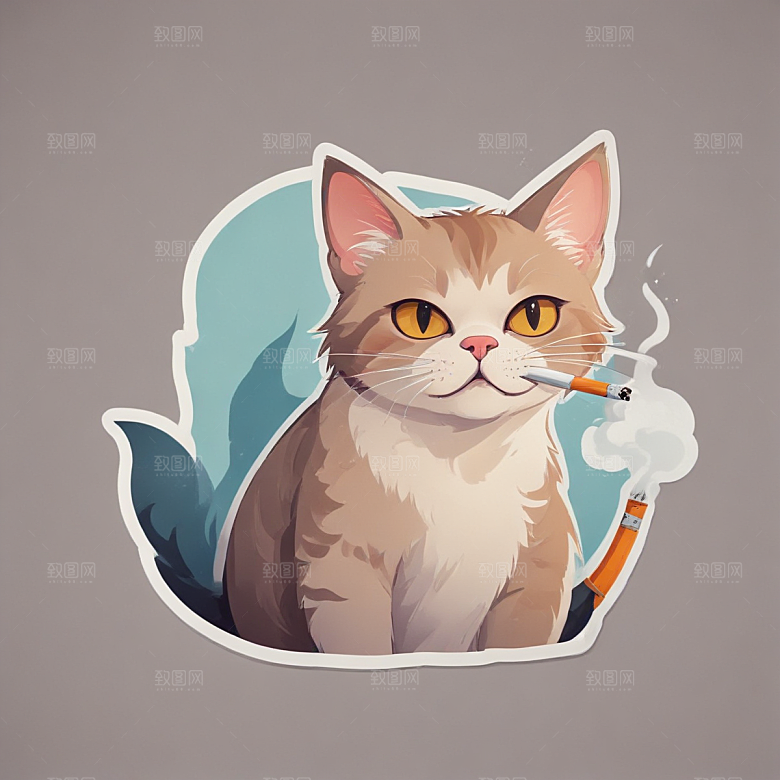 萌猫叼烟酷炫个性插画图片