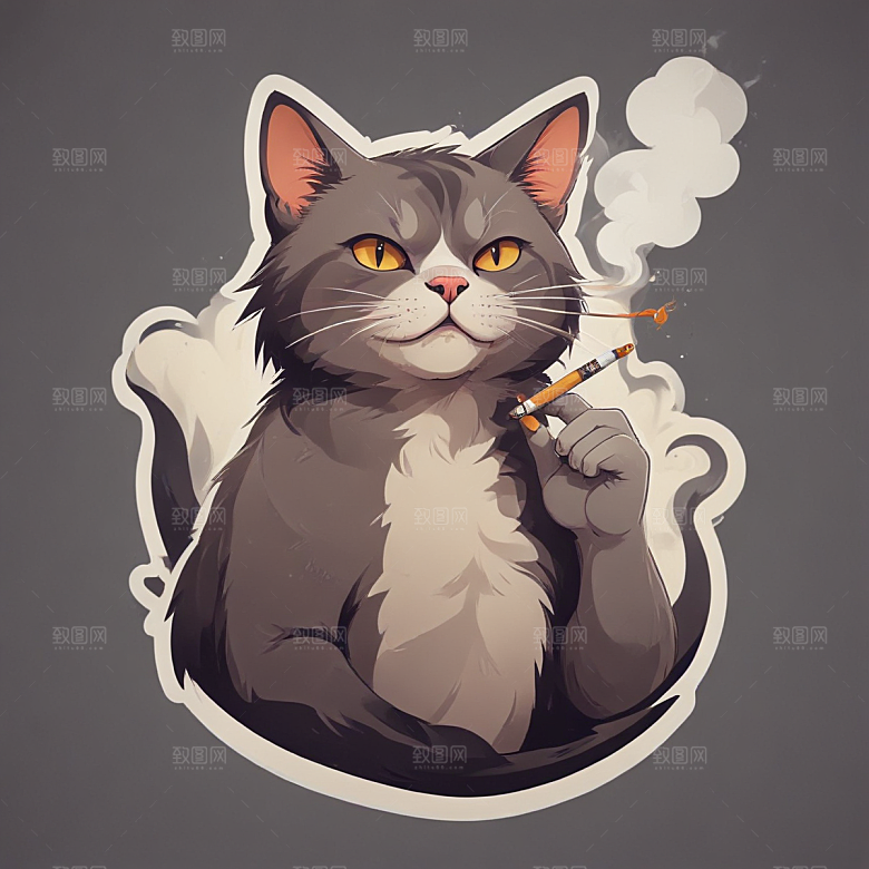 萌猫叼烟酷炫个性插画图片