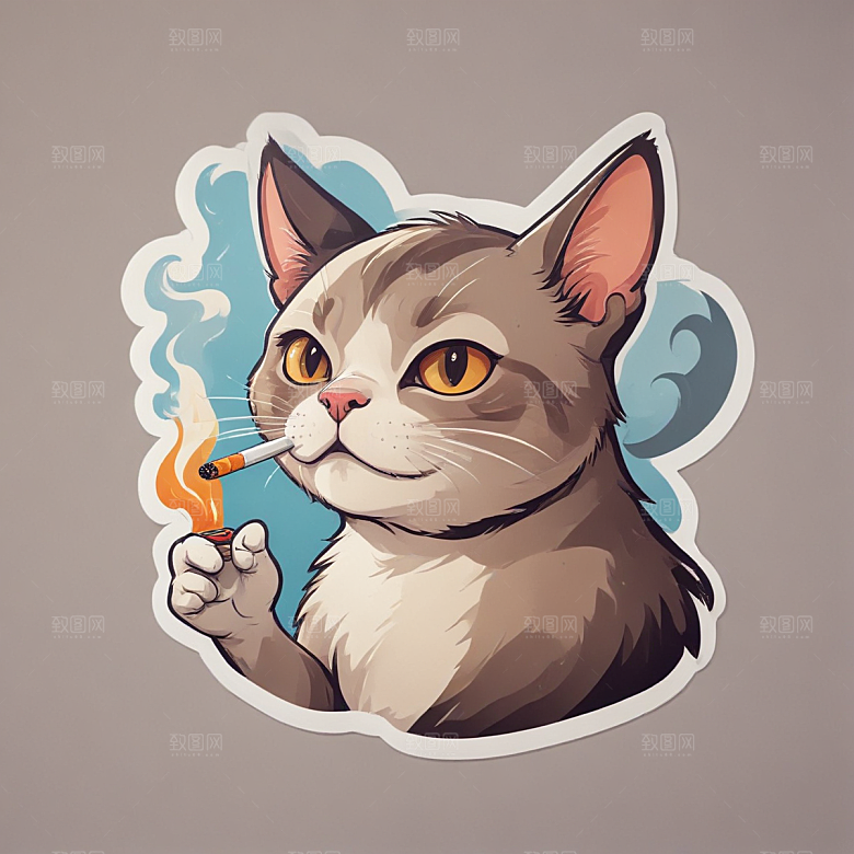 萌猫叼烟酷炫个性插画图片