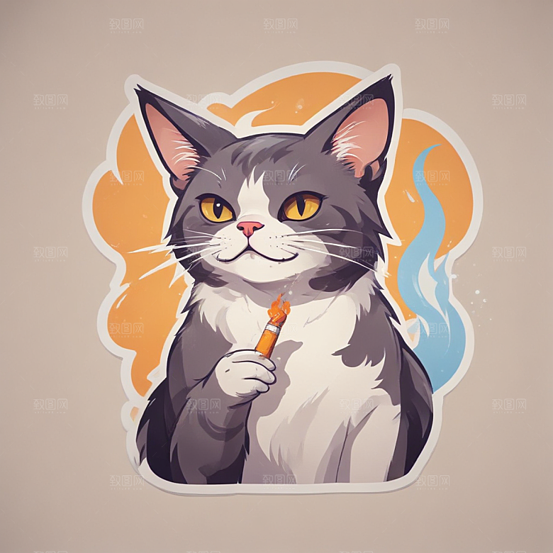萌猫叼烟酷炫个性插画图片