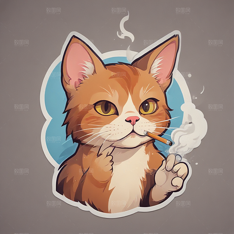 萌猫叼烟酷炫个性插画图片