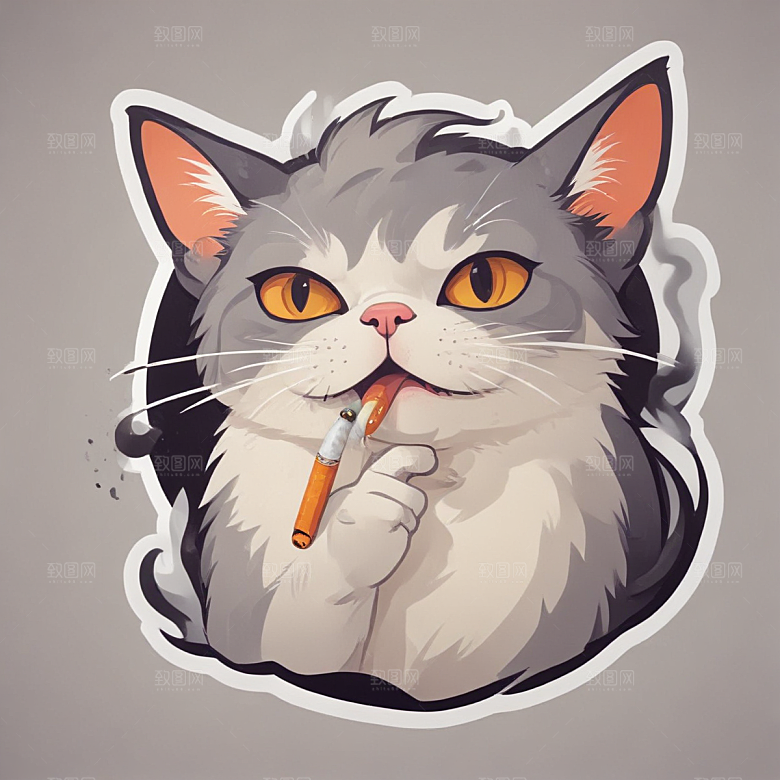 萌猫叼烟酷炫个性插画图片