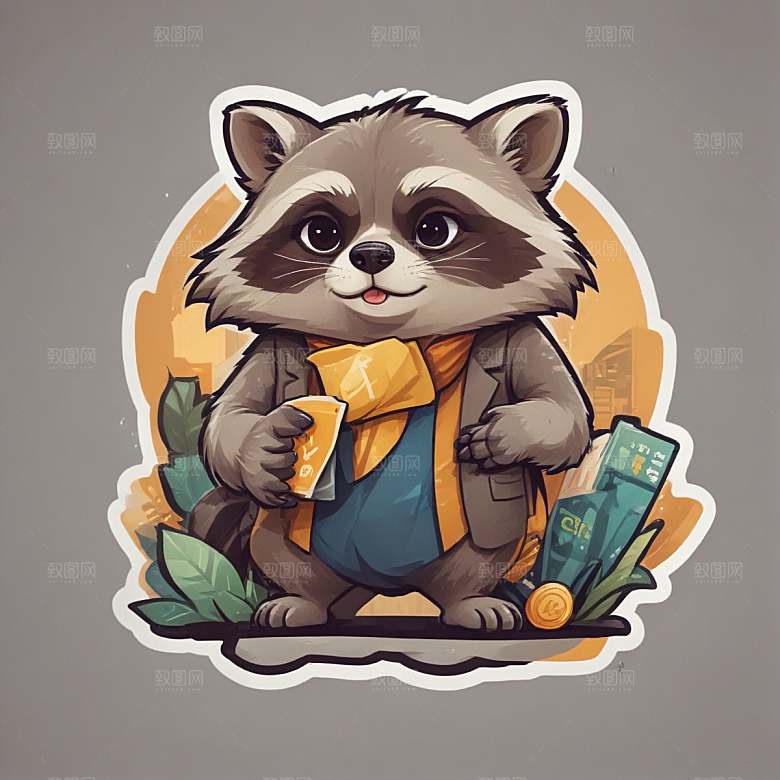 萌系插画中的西装浣熊，从事金融交易图片
