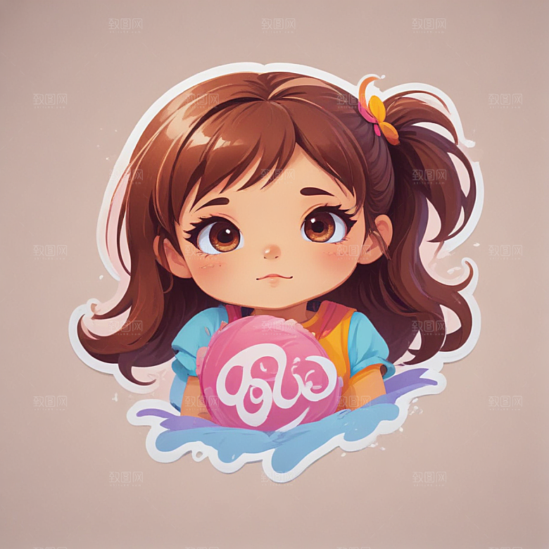 神秘蓝衣女孩粉色发带大眼凝视插画图片
