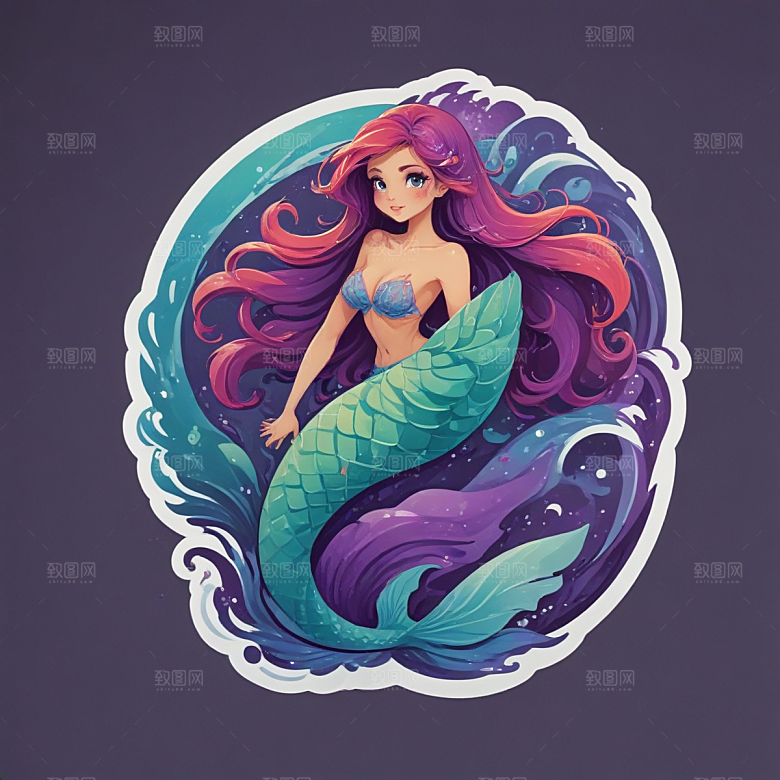 紫色长发 蓝色鱼尾 美丽美人鱼插画图片