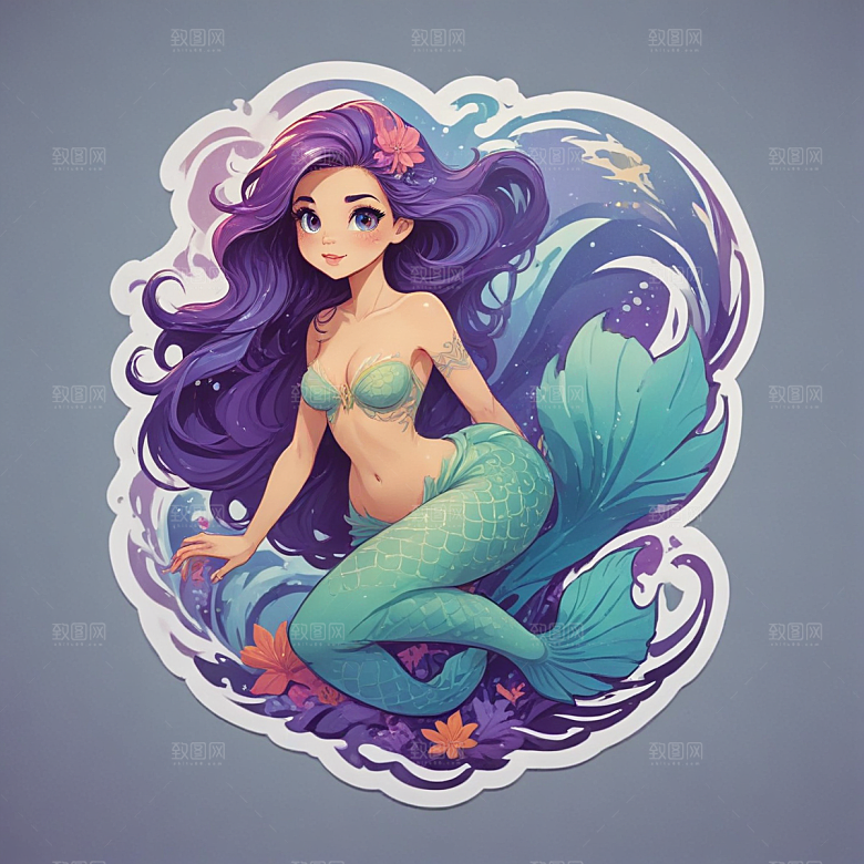紫色长发 蓝色鱼尾 美丽美人鱼插画图片
