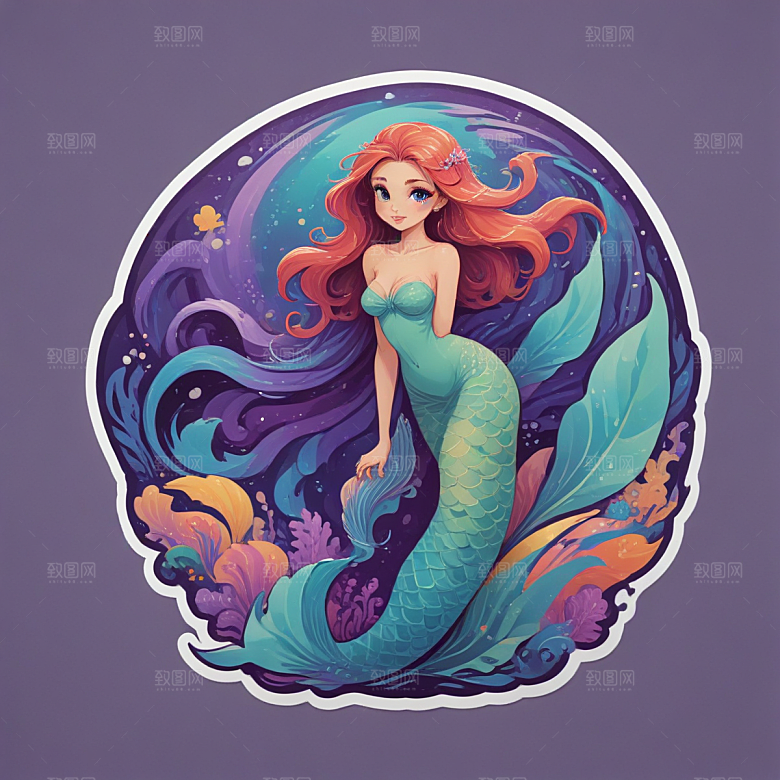 紫色长发 蓝色鱼尾 美丽美人鱼插画图片
