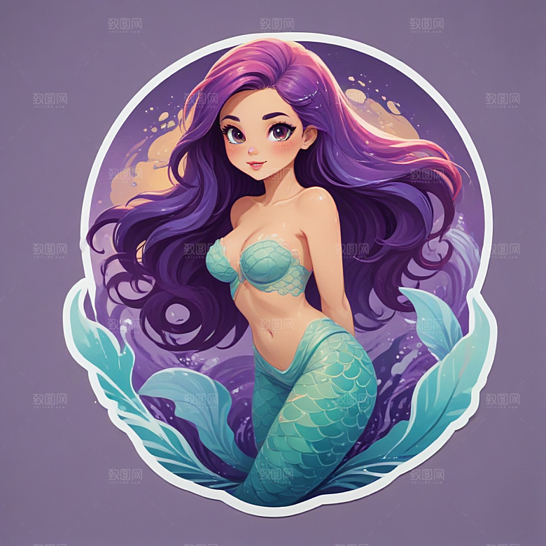 紫色长发 蓝色鱼尾 美丽美人鱼插画图片