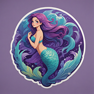 紫色长发 蓝色鱼尾 美丽美人鱼插画图片