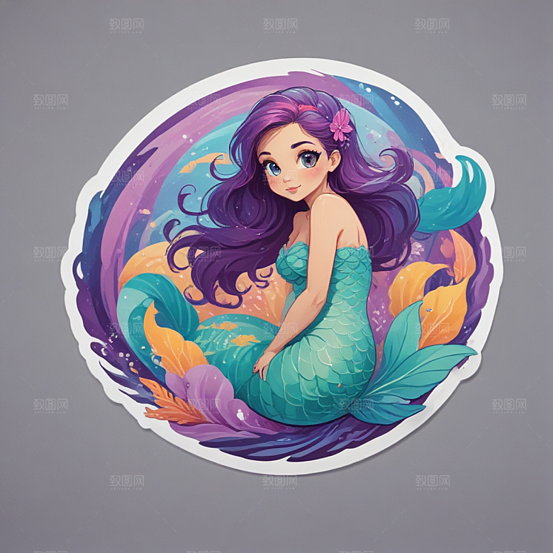紫色长发 蓝色鱼尾 美丽美人鱼插画图片