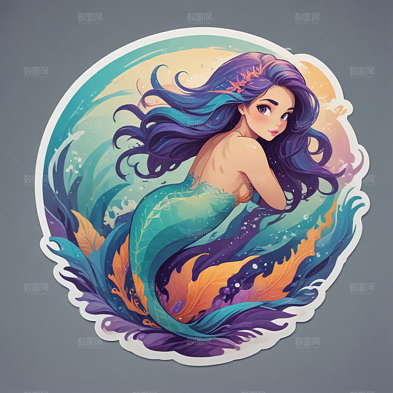 紫色长发 蓝色鱼尾 美丽美人鱼插画图片