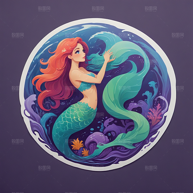 紫色长发 蓝色鱼尾 美丽美人鱼插画图片