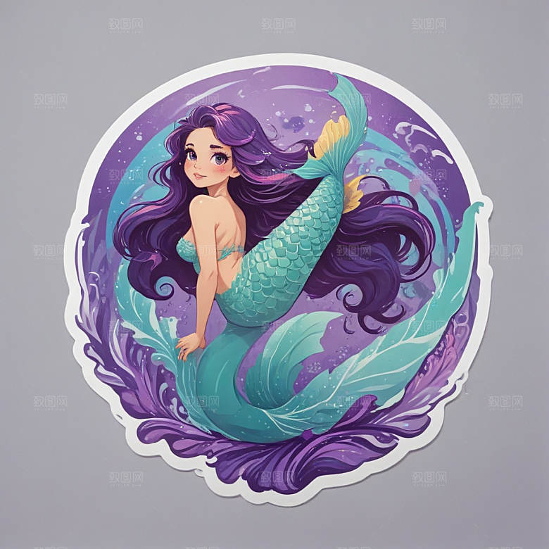 紫色长发 蓝色鱼尾 美丽美人鱼插画图片