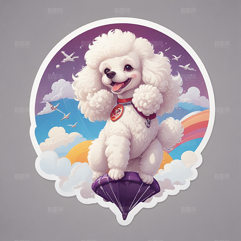 萌宠插画白色贵宾犬云中跳伞图片