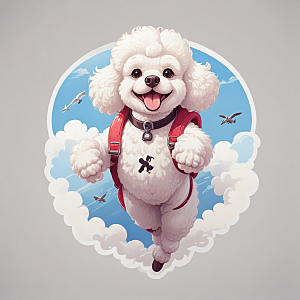 萌宠插画白色贵宾犬云中跳伞图片