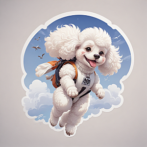 萌宠插画白色贵宾犬云中跳伞图片
