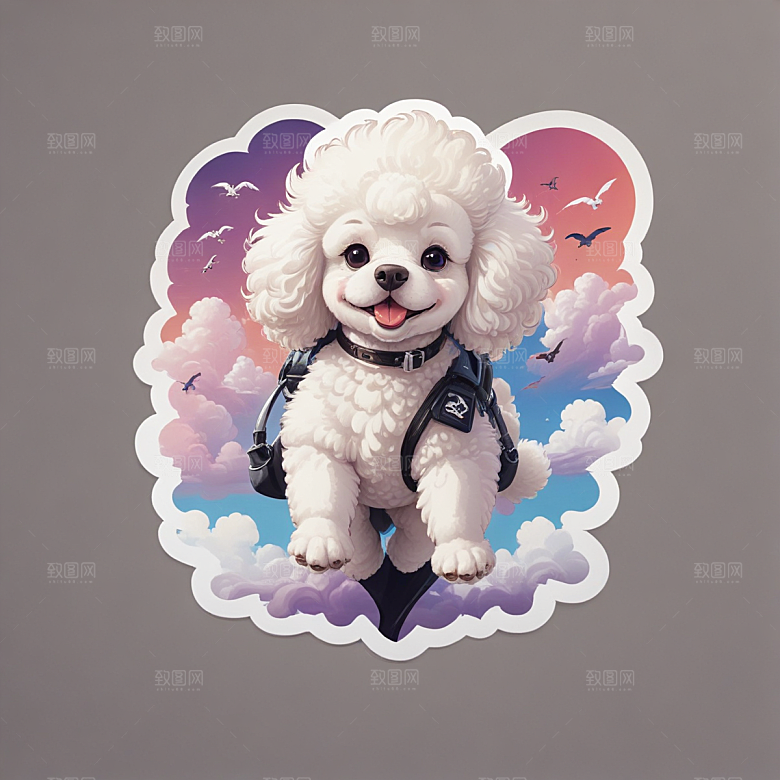 萌宠插画白色贵宾犬云中跳伞图片