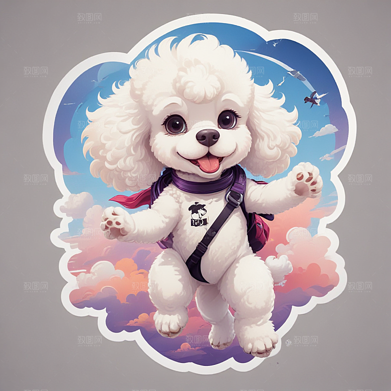 萌宠插画白色贵宾犬云中跳伞图片