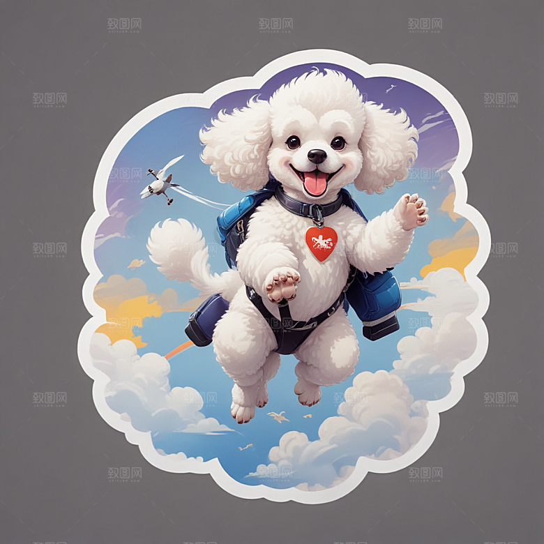 萌宠插画白色贵宾犬云中跳伞图片