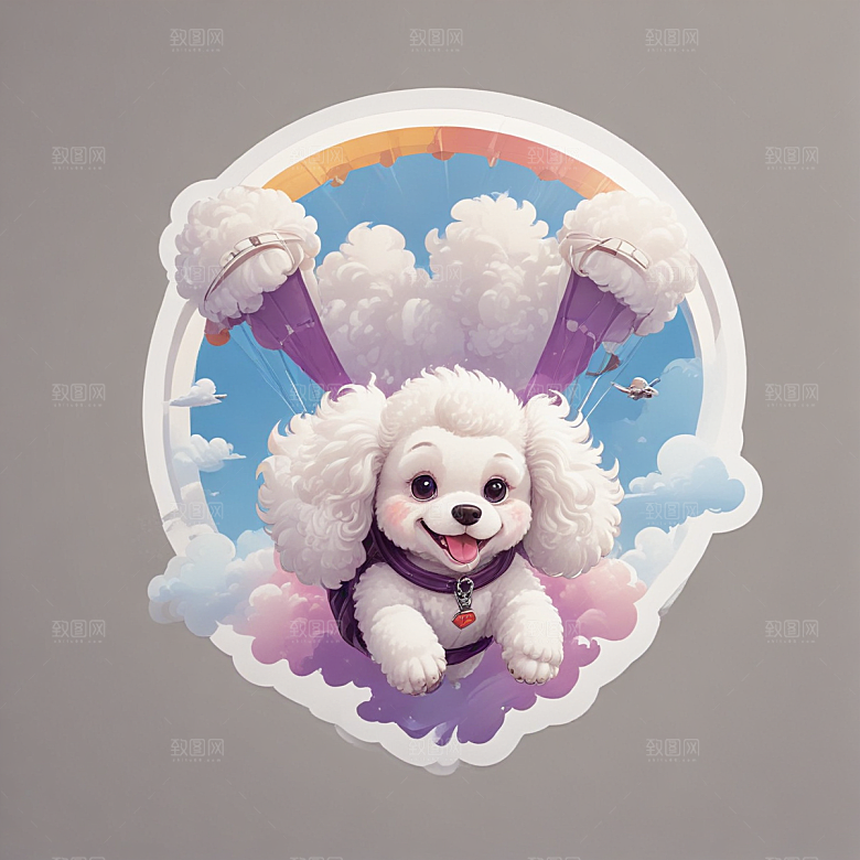 萌宠插画白色贵宾犬云中跳伞图片