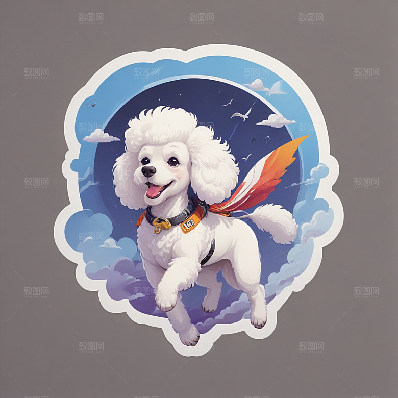萌宠插画白色贵宾犬云中跳伞图片