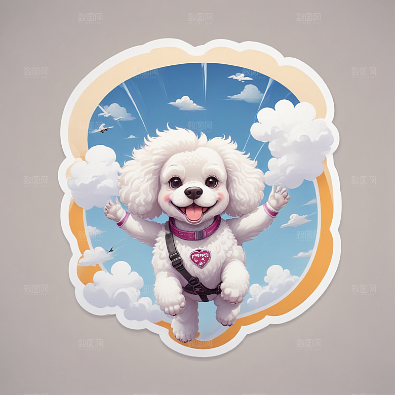 萌宠插画白色贵宾犬云中跳伞图片