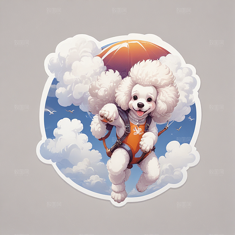 萌宠插画白色贵宾犬云中跳伞图片