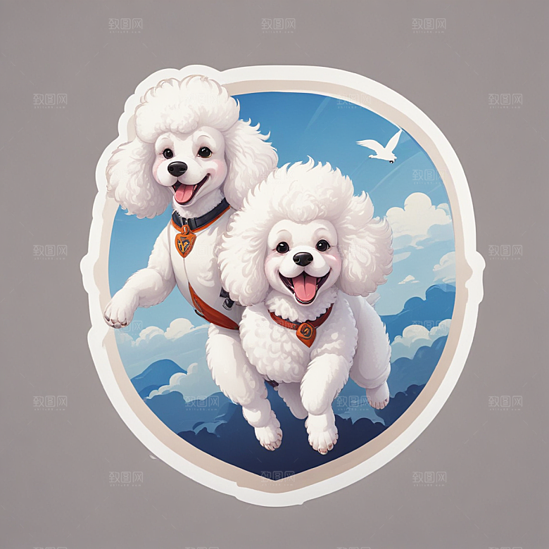 萌宠插画白色贵宾犬云中跳伞图片