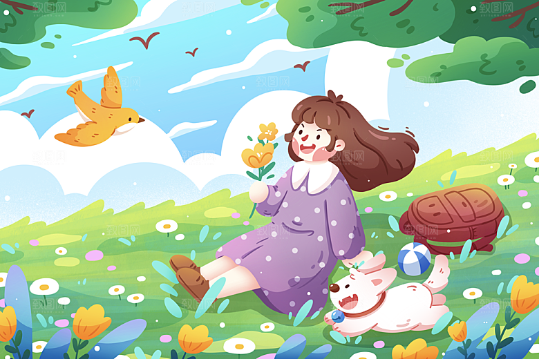 春天卡通儿童插画海报模板