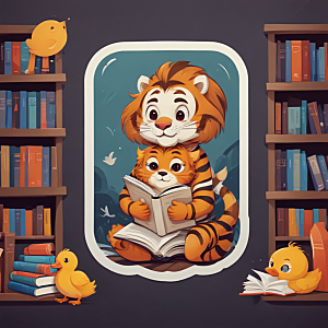 彩色手绘插画风格两只小老虎图书馆看书图片