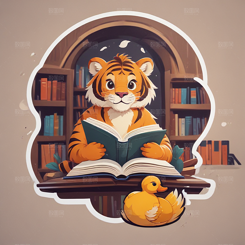 彩色手绘插画风格两只小老虎图书馆看书图片