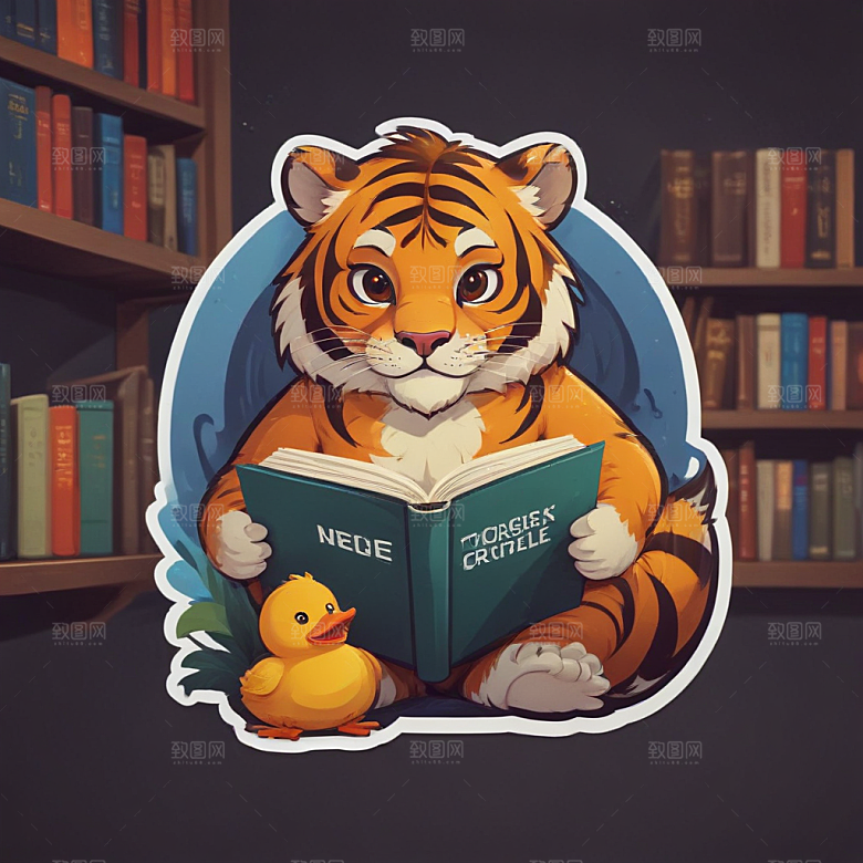彩色手绘插画风格两只小老虎图书馆看书图片