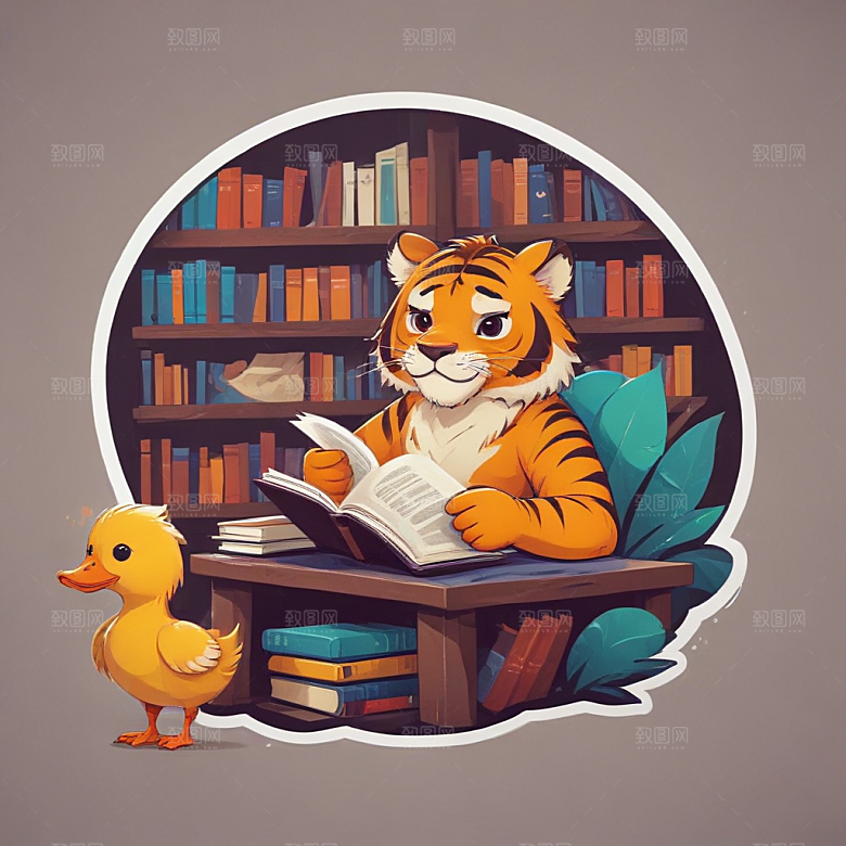 彩色手绘插画风格两只小老虎图书馆看书图片