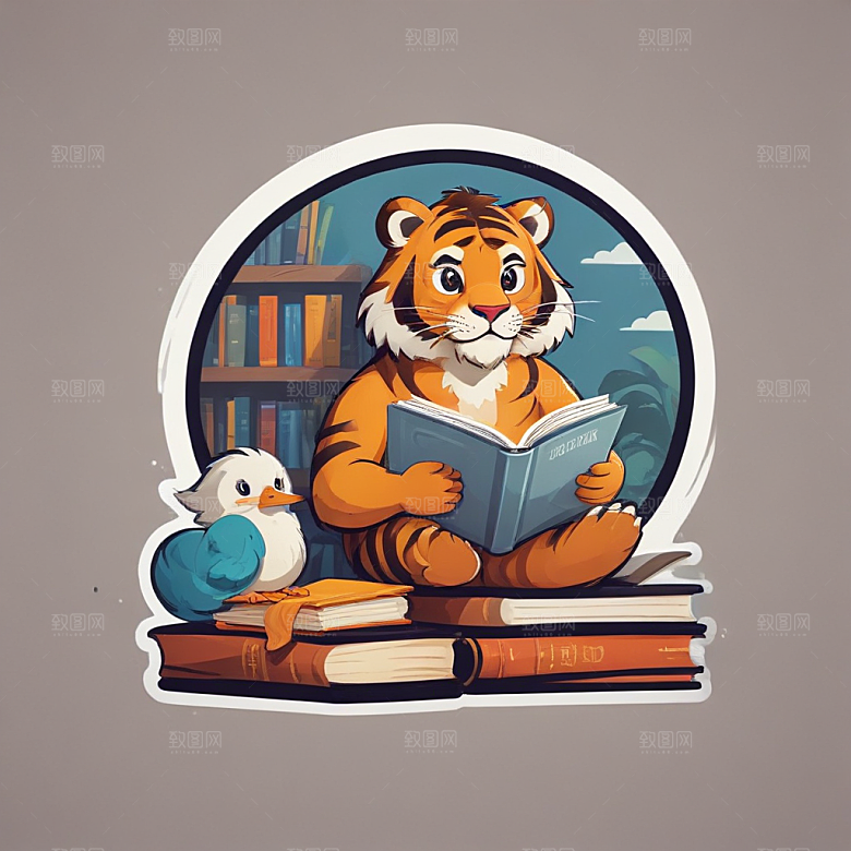 彩色手绘插画风格两只小老虎图书馆看书图片
