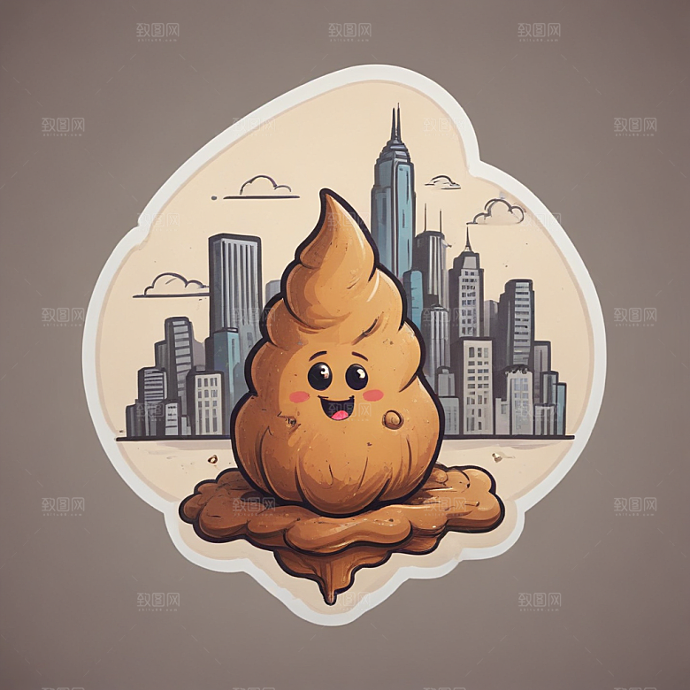 超大号卡通便便贴纸微笑便便与城市背景图片