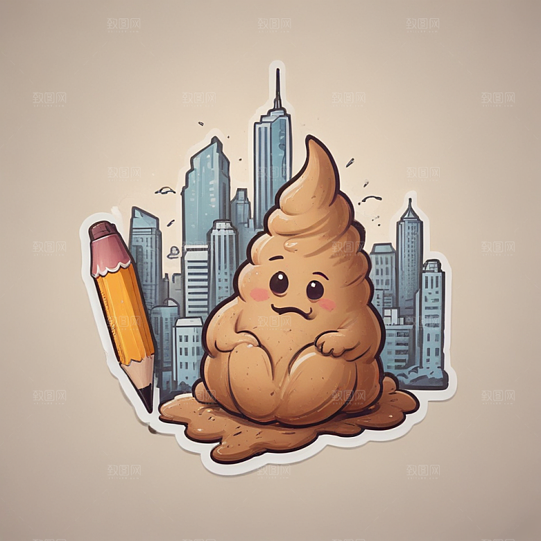 超大号卡通便便贴纸微笑便便与城市背景图片