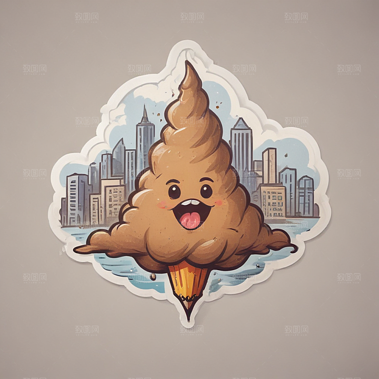 超大号卡通便便贴纸微笑便便与城市背景图片