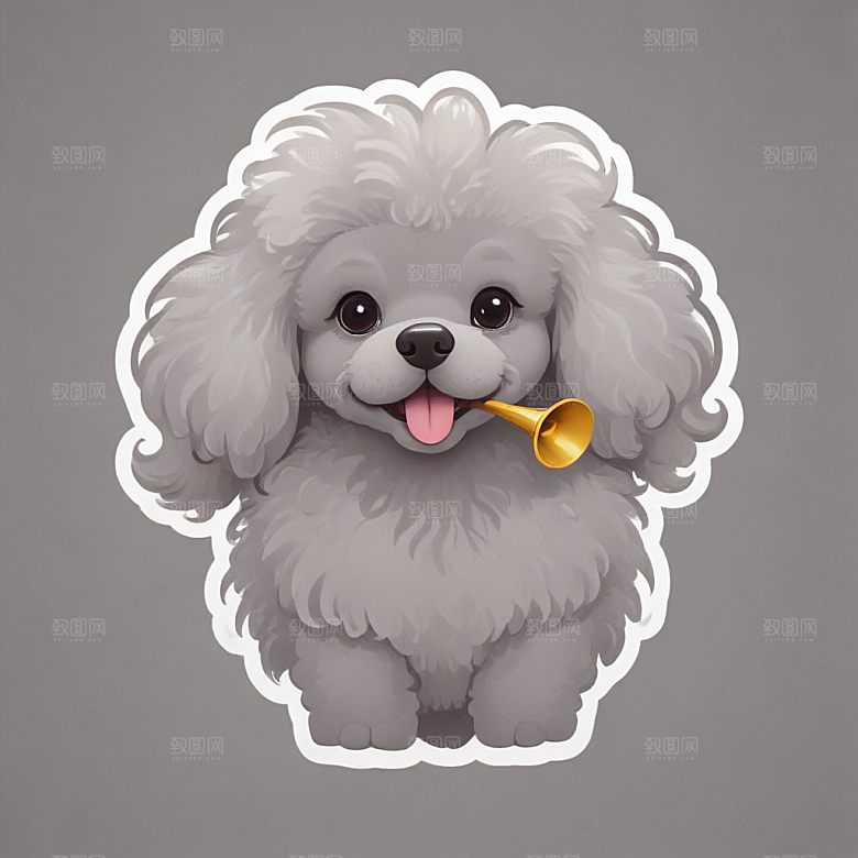 灰色贵宾犬手绘插画可爱风格生动展现宠物