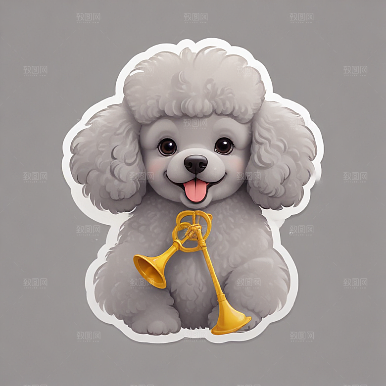 灰色贵宾犬手绘插画可爱风格生动展现宠物