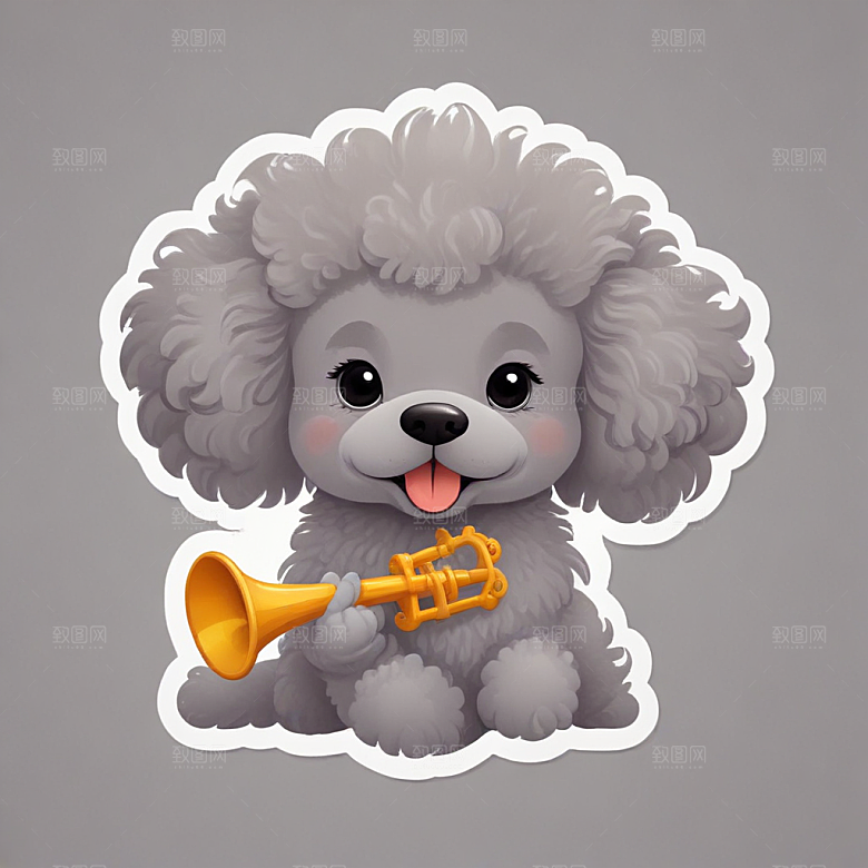 灰色贵宾犬手绘插画可爱风格生动展现宠物