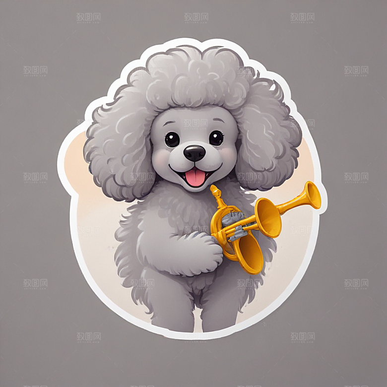 灰色贵宾犬手绘插画可爱风格生动展现宠物