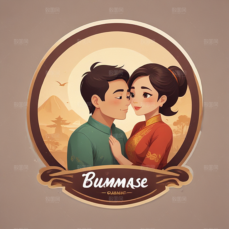 缅甸夫妇温馨生活插画图片