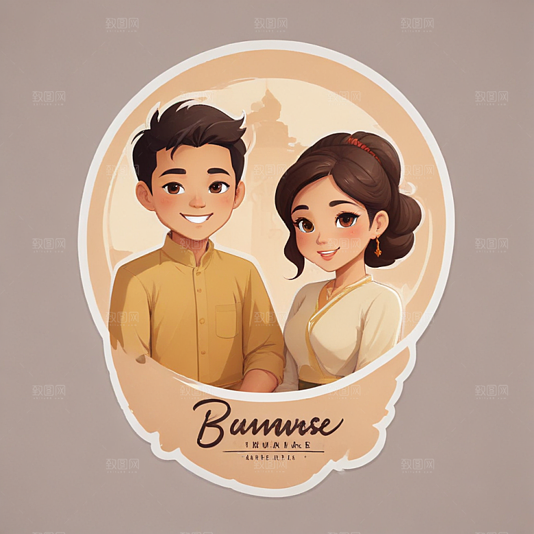 缅甸夫妇温馨生活插画图片
