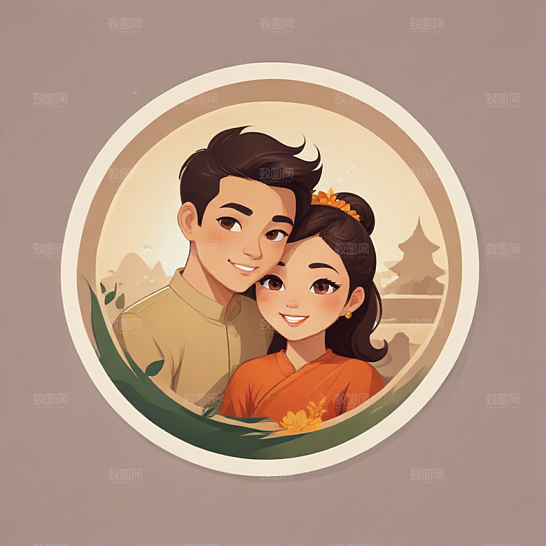 缅甸夫妇温馨生活插画图片