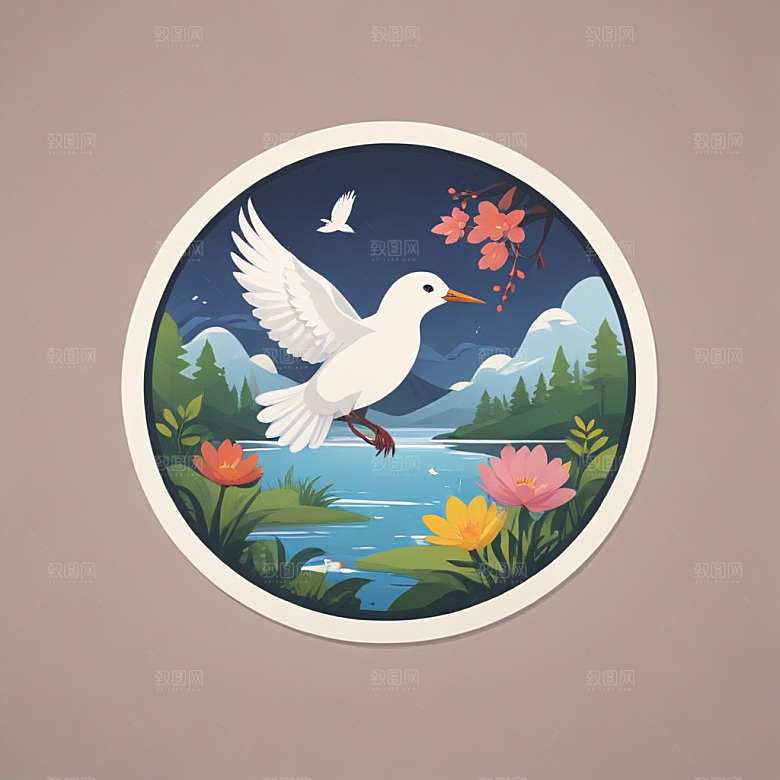C形构图花鸟湖泊自然景致图片
