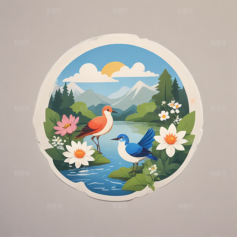 C形构图花鸟湖泊自然景致图片